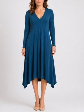 Sympli Canada Teal Asymmetric Long Sleeve Midi Dress 6 Slinky Travel Fit Flare